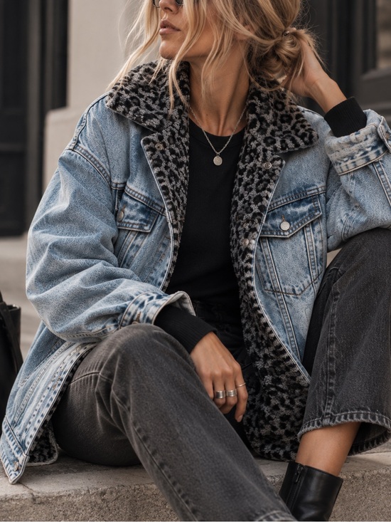 We The Free Jackets & Blazers - Free People Denim Oversized Leopard Sherpa Trucker Jacket Small